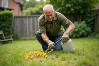 Homme appliquant un traitement sélectif herbicide sur une pelouse abîmée avec des zones jaunies dues à des erreurs de dosage