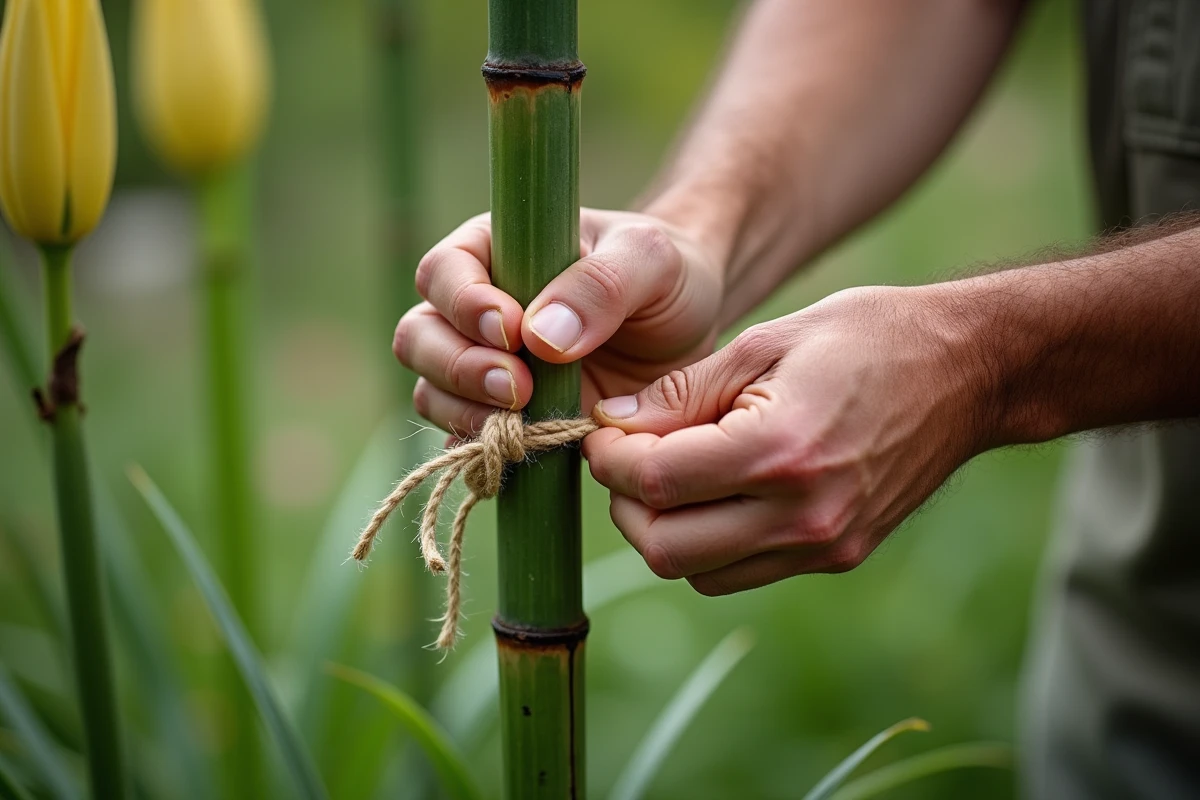 Tuteurage d'une hampe de lys oriental avec un tuteur en bambou et de la ficelle au jardin