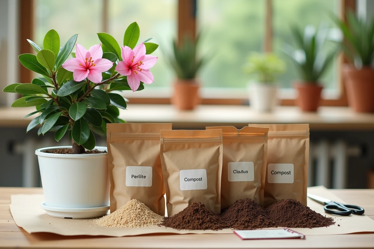 Comparatif des types de terreau et amendements pour bougainvillier en pot sur table de jardinage