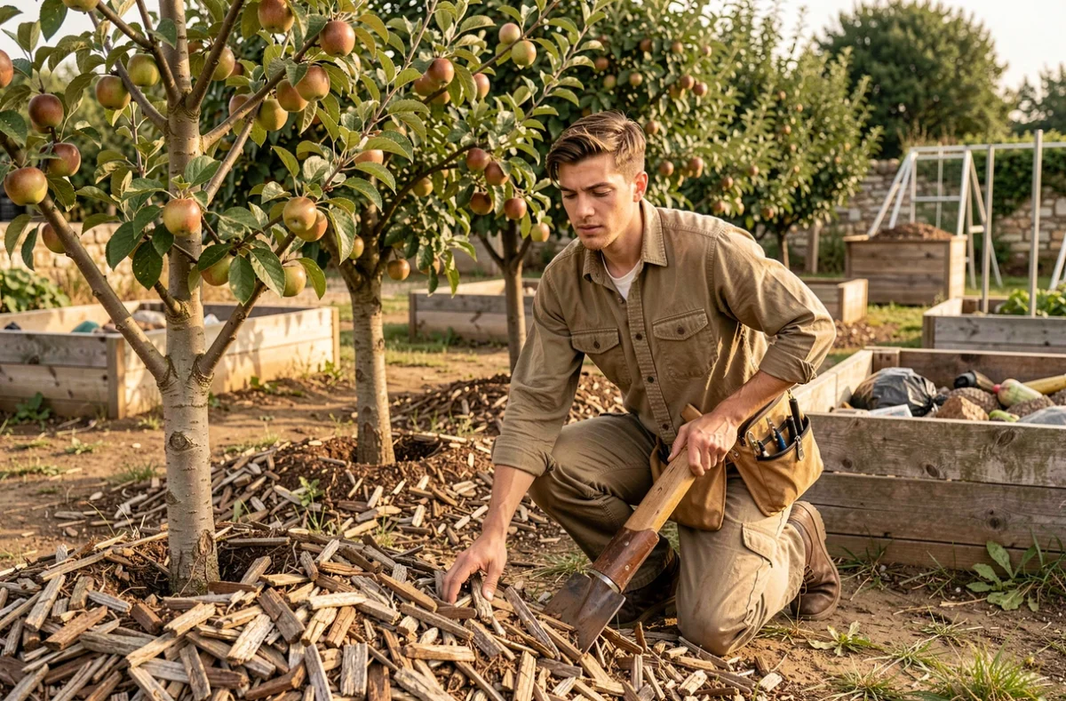 Éco-paysagiste de Vert l'Essentiel épandant du paillis naturel autour d'arbres fruitiers dans un jardin potager breton