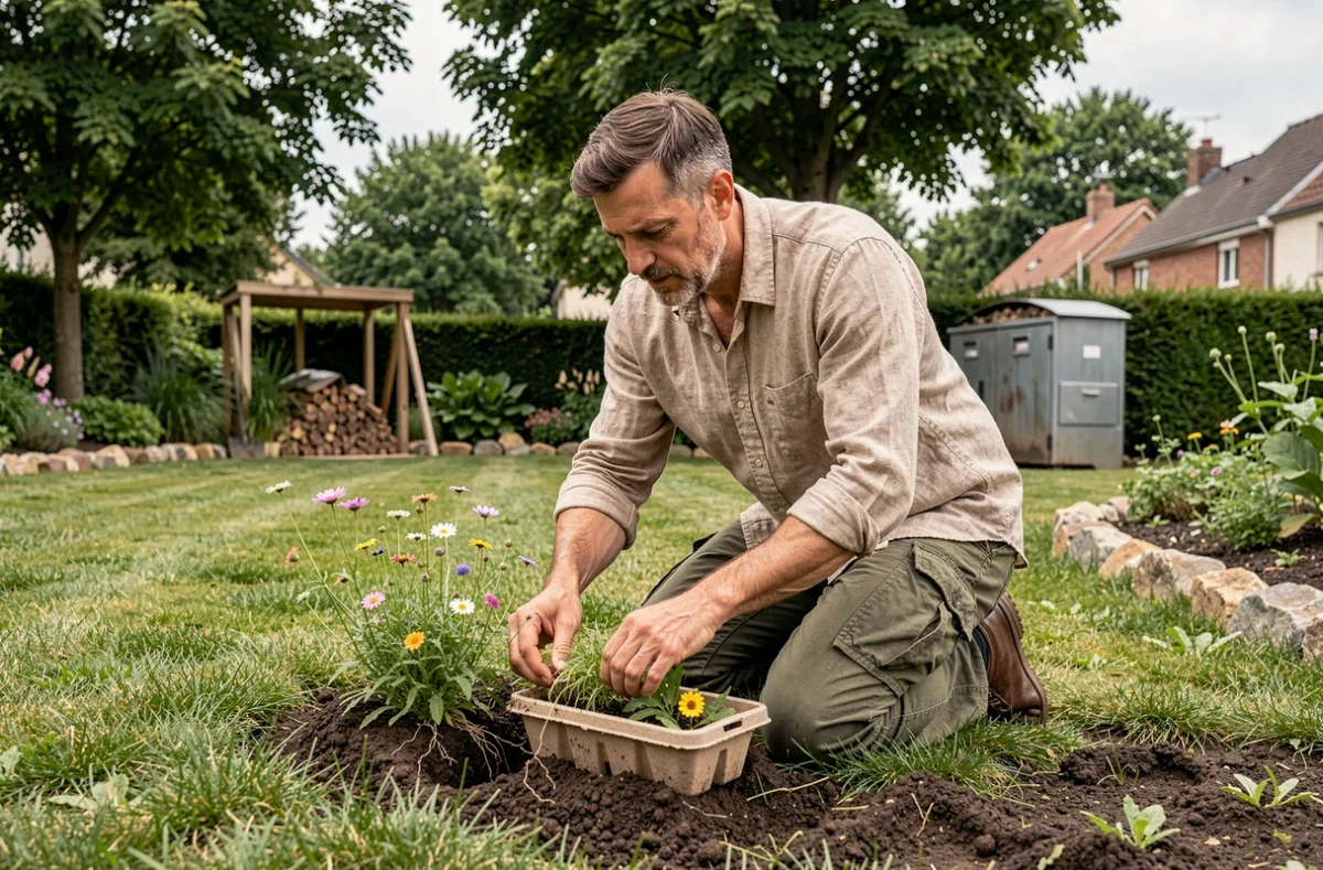 Jardinier de Vert l'Objectif Île-de-France plantant des fleurs sauvages indigènes dans un jardin écoresponsable