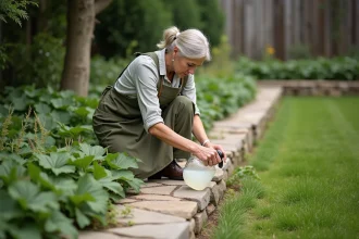 Femme versant du vinaigre blanc dans un spray pour désherber les bordures de jardin en pierre
