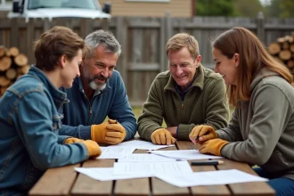 Voisins réunis autour d'une table pour organiser un groupement d'achats de bois de chauffage en consultant un contrat