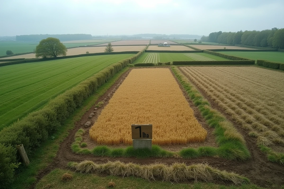 Vue panoramique de parcelles agricoles délimitées illustrant la mesure d'un hectare divisé en ares